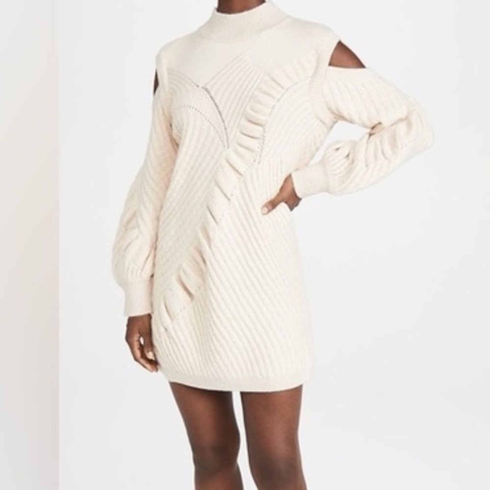 Alexis Chunky Cable Knit Mock Neck Sweater Dress Cream Wool Blend Cold Shoulder